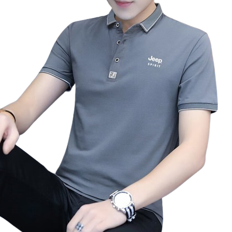 JEEP SPIRIT Men's Short-Sleeve T-Shirt, Summer POLO Shirt, Business Casual, Turn-Down Collar, Breathable, Slim Fit, Black, Size L