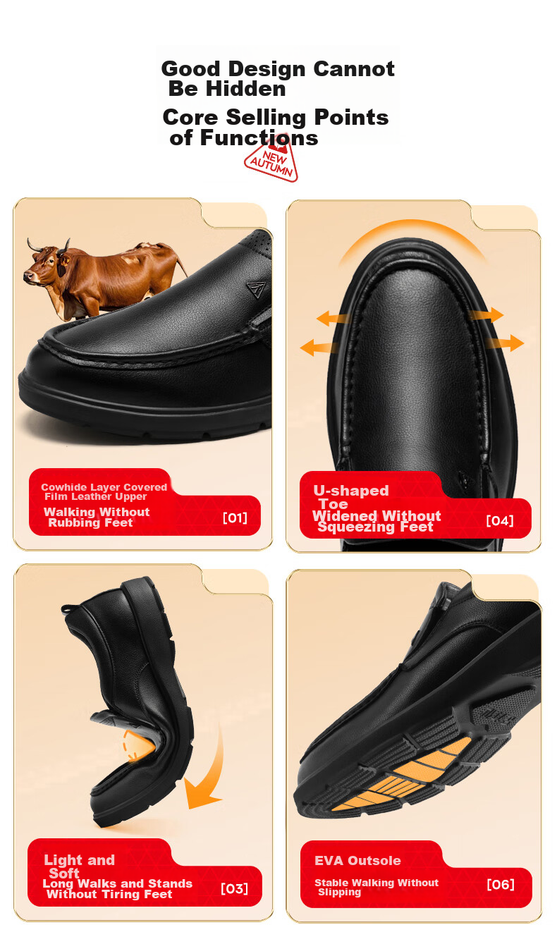 Zulijian Elderly Shoes, 2026 Autumn Men's Slip-On Soft-Soled Casual Leather Shoes, Dad Shoes, 8679K Black, Size 41 5