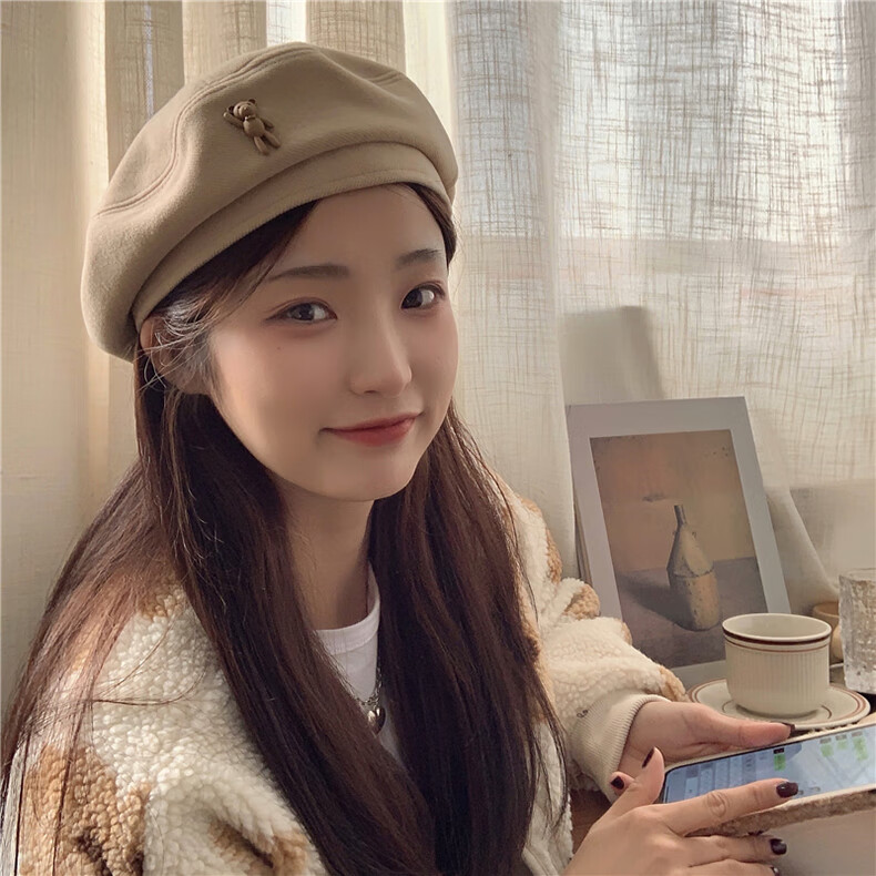XUEXIMAN Japanese Vintage Cartoon Bear Brown Wool Beret Women's Fashionable Elegant Painter Hat 13