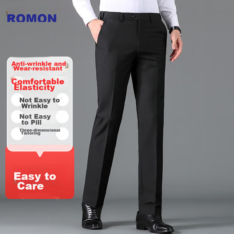 ROMON Wrinkle-Resistant Non-Iron Dress Pants for Men, High-Waisted Loose Casual Business Suit Trousers Straight-Leg Dad Pants