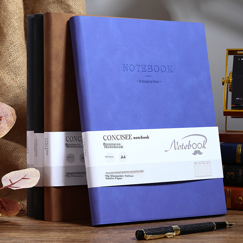 Faramon A4 Notebook, 360 Pages, Business Notebook, Thick Leather Cover, Vintage Office Stationery, Diary, Meeting Record Book, Blue