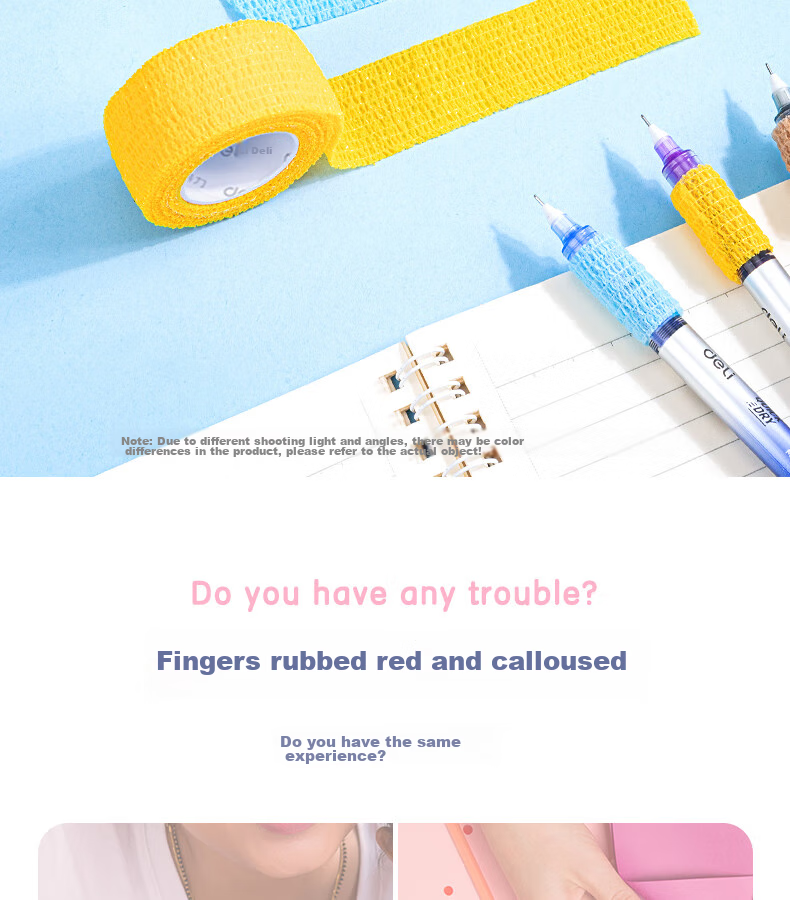 Deli Student Writing Finger Protector Bandage, Odorless Anti-Friction Anti-Callus Self-Adhesive Elastic Bandage, Finger Joint Protector Sleeve 25mm*4m, 3 Rolls Mixed Colors 30602 2