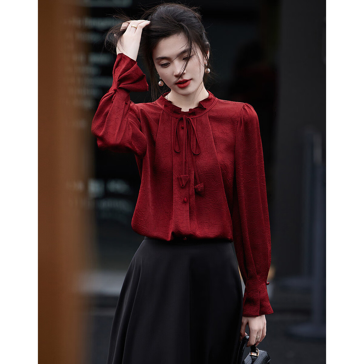 Dme [Ankeala Red] Elegant Office Blouse for Spring And Autumn, Wrinkled Shiny Ruffle Puff Sleeve Shirt Women's Top