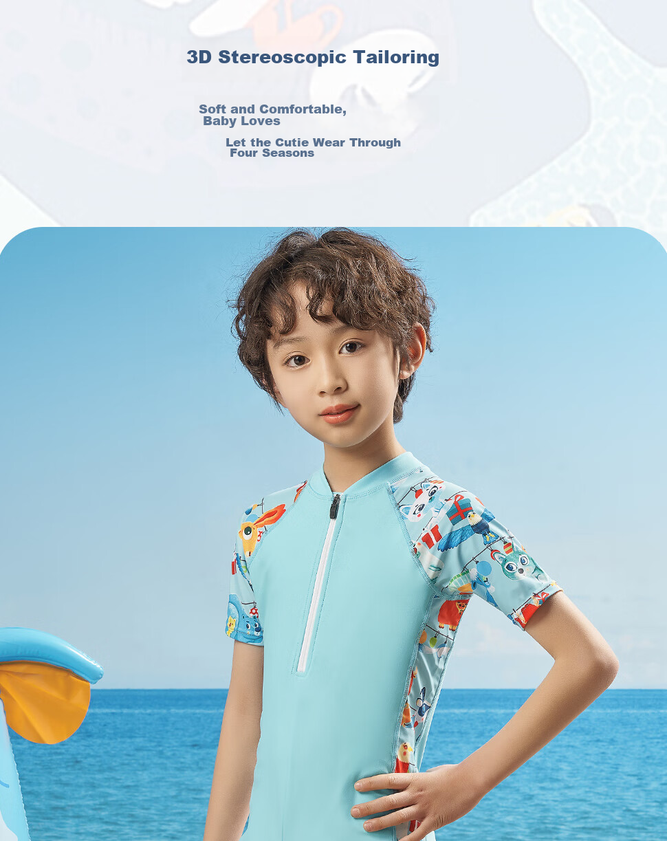 Li-Ning Children's Swimsuit, Boys' One-Piece Swimwear, Square-Leg Short-Sleeve Swimming Training Suit, 720 Blue, Size 160 5