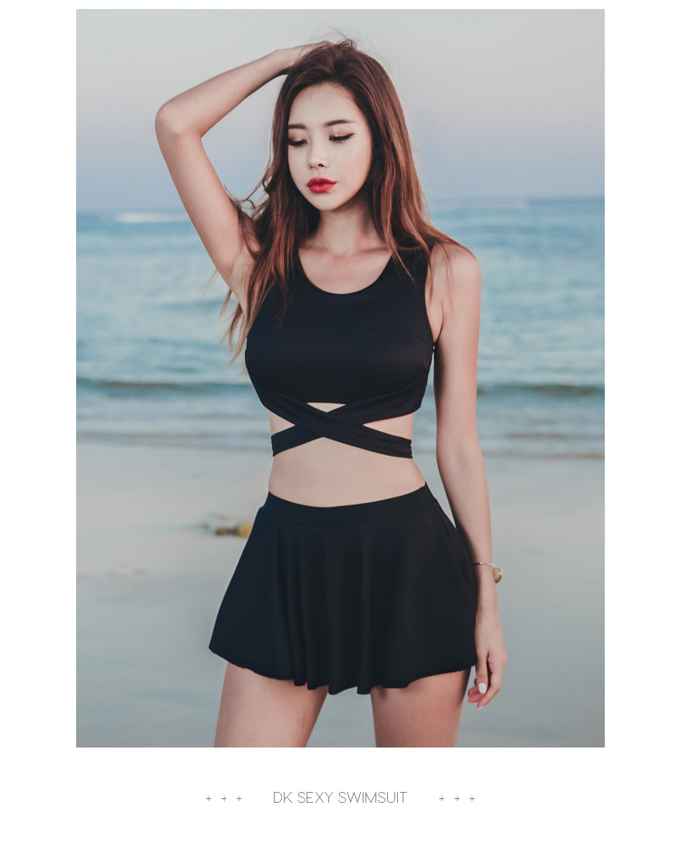 DK Women's Two-Piece Swimsuit with Skirt, Sexy Push-Up Design, Modest, Tummy Control, Slimming, Korean Style for Hot Springs, Black, Size L 8