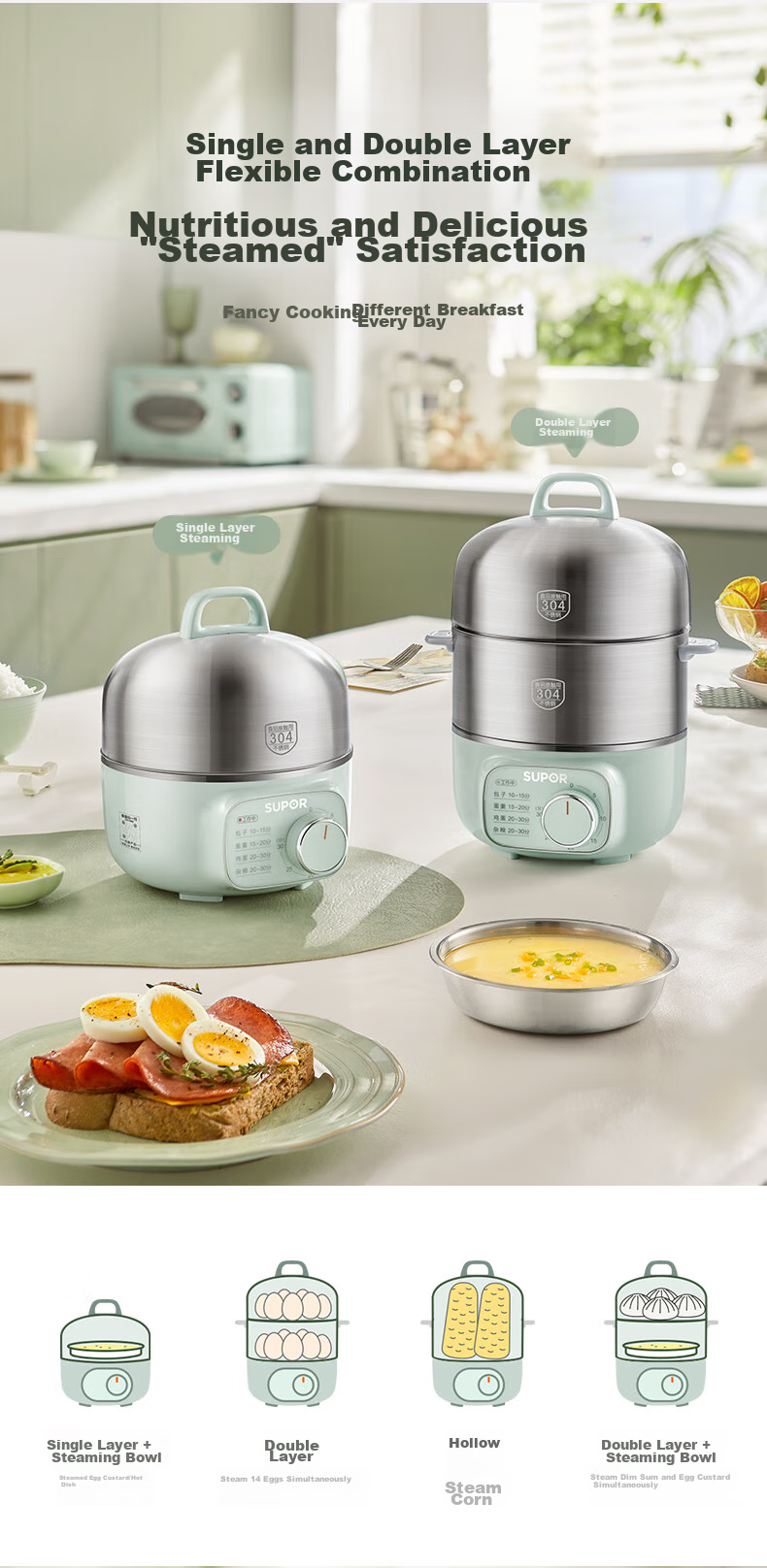SUPOR Egg Cooker, Small Electric Steamer, Multifunctional Household Non-Coated Stainless Steel Egg Steamer, Egg Cooking Wonder, Can Be Timed And Auto Shut-Off, Z16YK858 Randomly Shipped 4