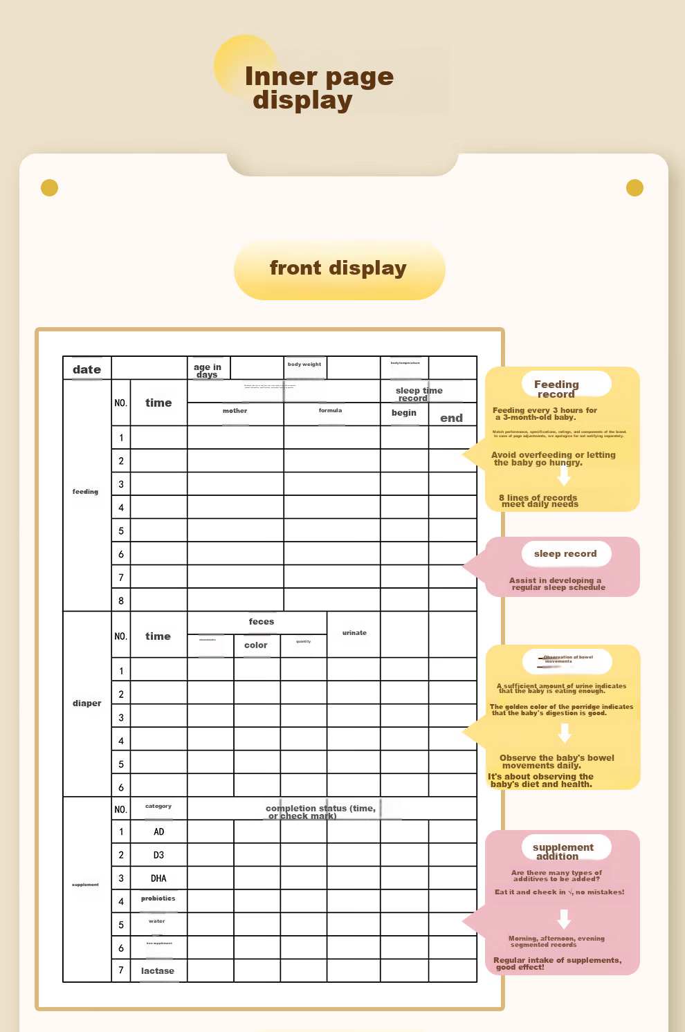 Jiaranheng A5 Baby Feeding Record Book, Infant Milk And Complementary Food Feeding Diary, Newborn Growth And Development Record Manual, Daily Life Record Notebook, Pink 5