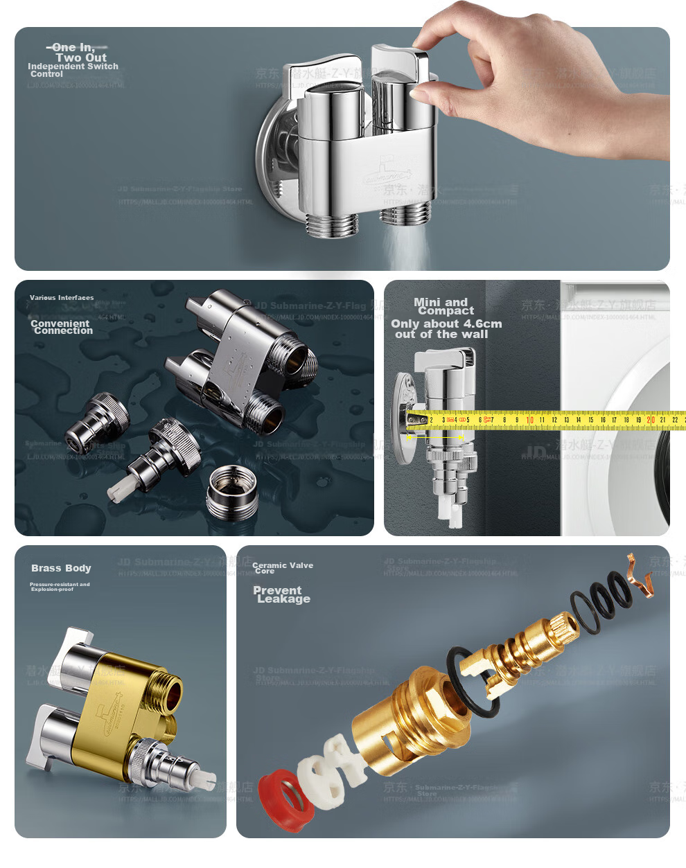 Submarine F408M One-In Three-Way Angle Valve, Brass Double Handle Double Control, 1/2 Inch / 3/8 Inch Universal, with Water Stop Needle, Gun Gray Color 4