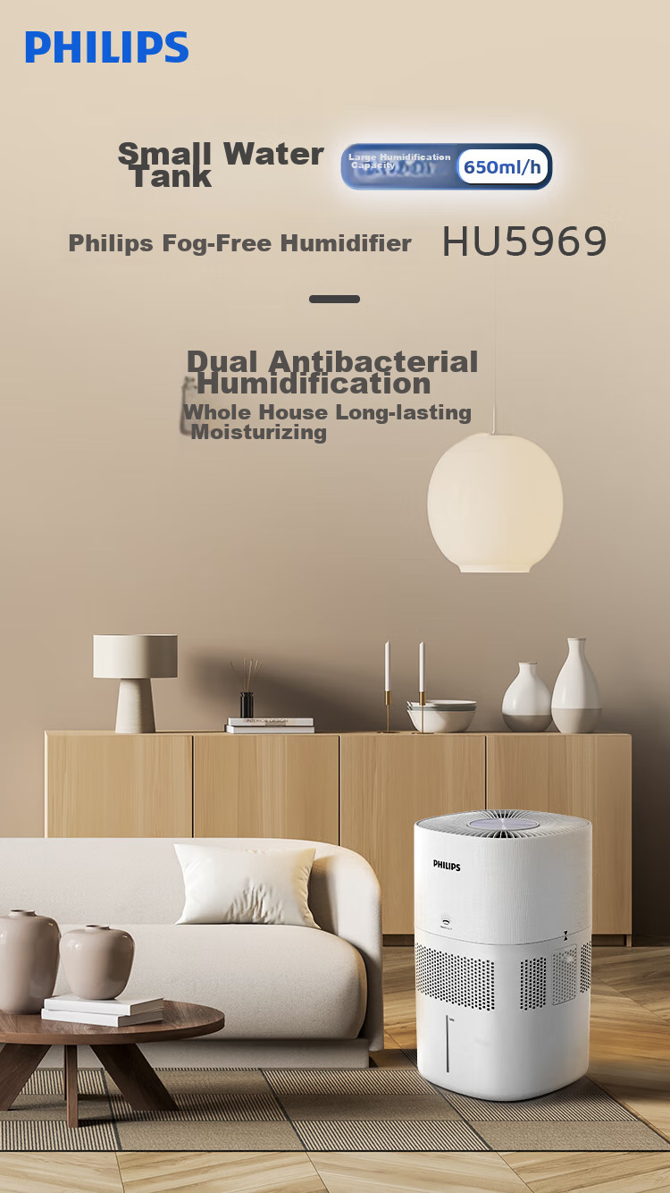 PHILIPS Humidifier for Home Bedroom, Mother And Baby Use, Quiet, Antibacterial, No Mist, Air Conditioner Humidifier, for Rhinitis, Pregnant Women, Infants, Small Desktop Large Capacity HU5969 Gift 1