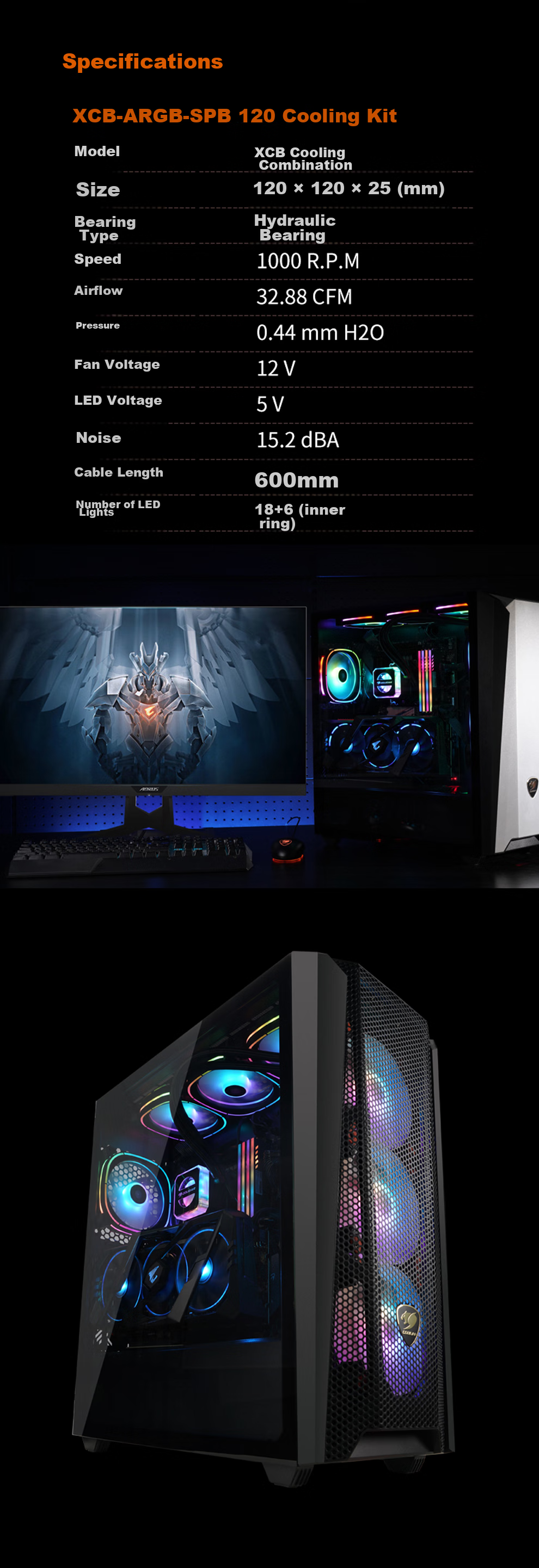 COUGAR Lingjing V2 PRO Anti-Leaf Black 12cm Case Fan, ARGB/5V3P RGB Sync, Small 4-Pin PWM Speed Control, Hydraulic Bearing, Standard Shock-Absorbing Pad 10