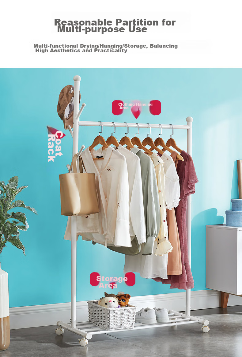Yicainianhua Clothes Drying Rack, Floor-Standing Movable Hanger, Indoor Coat And Hat Stand, Balcony Clothesline, Drying Pole, 2166go 4