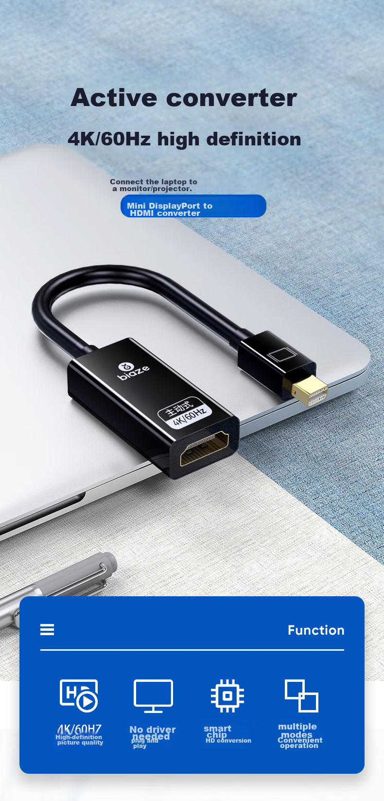 BIAZE Active Mini DP to HDMI Female Adapter, 4K60Hz High-Definition DP Converter, Version 2.0 Computer Graphics Card TV Monitor Converter Cable, 6-Screen Splicing 1
