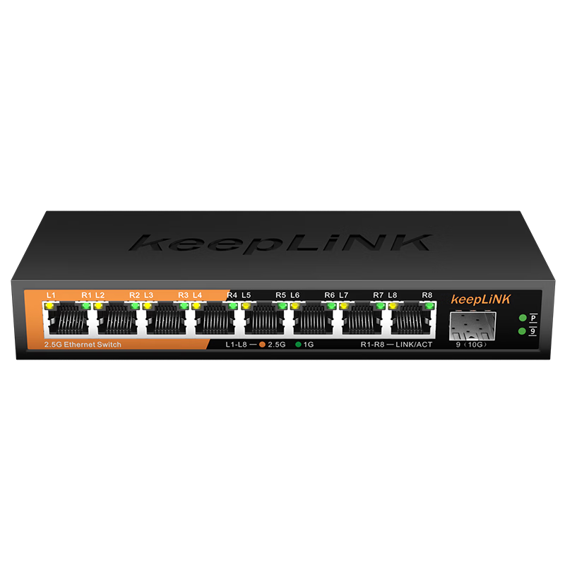 KeepLINK KP-9000 Switch, 8 Ports 2.5G + 1 Port 10G Optical Port, Enterprise And Home Network Hub Splitter, Metal Shell, Supports Modem Stick NAS/Unit