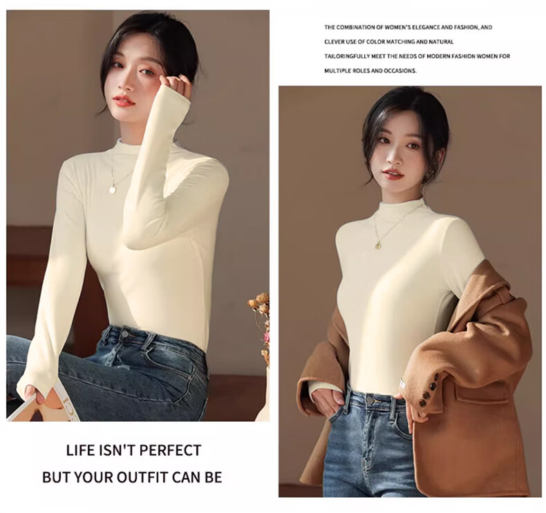 LangSha Semi-Turtleneck Base Layer for Women, New Autumn And Winter Thick Fleece Ribbed Long-Sleeve Slim-Fit Antibacterial Anti-Mite Inner Wear Top 15