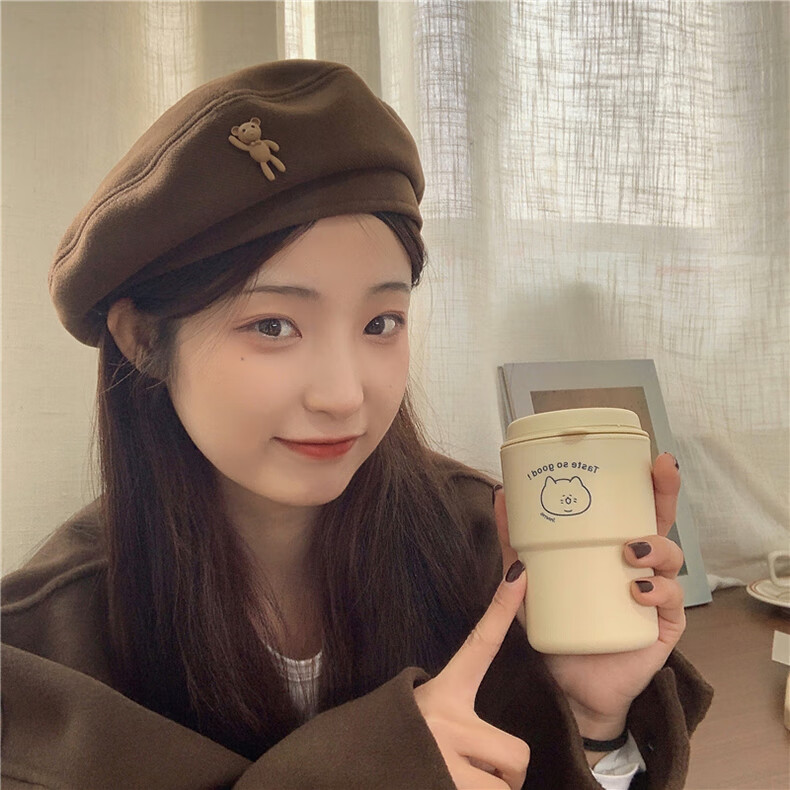 XUEXIMAN Japanese Vintage Cartoon Bear Brown Wool Beret Women's Fashionable Elegant Painter Hat 8