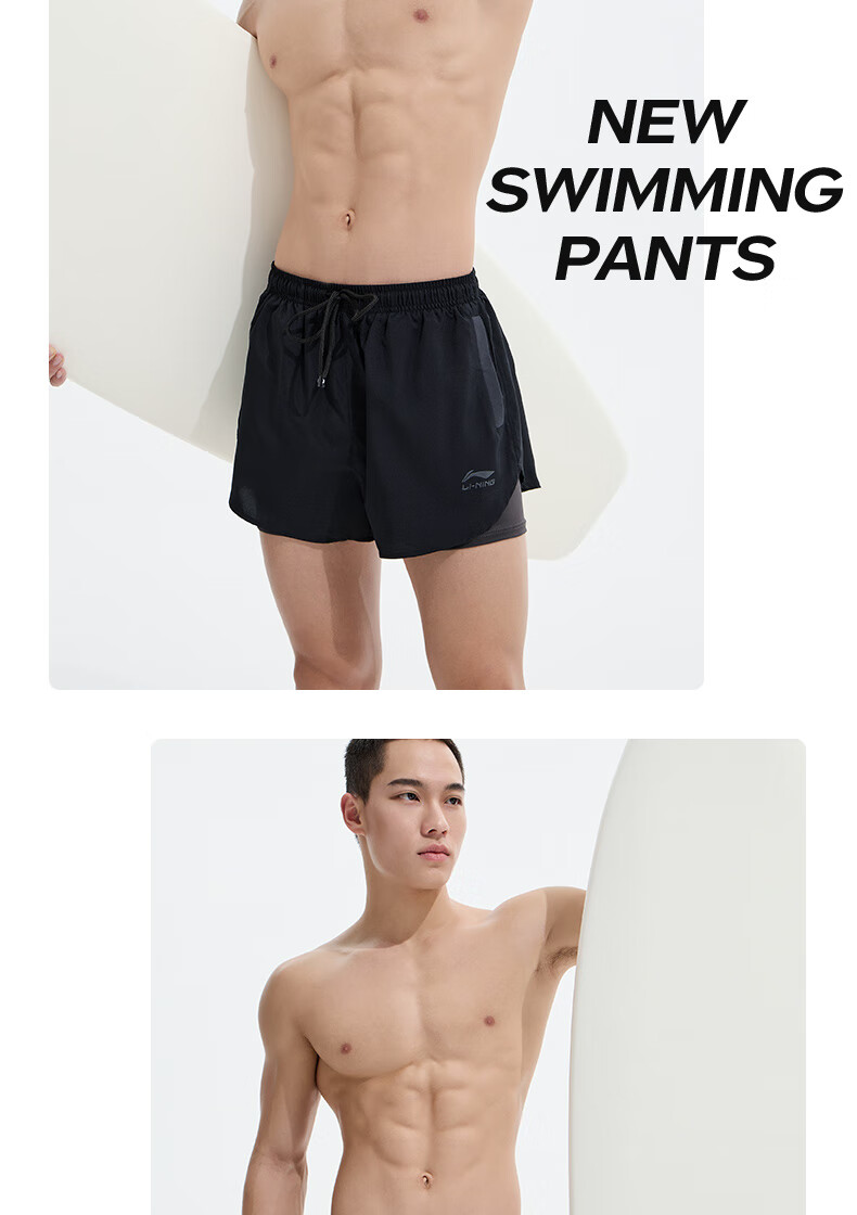 Li-Ning Men's Swim Trunks, Double-Layer Anti-Embarrassment, Suitable for Both Water And Land Use, Swimming Goggles, Swim Cap, Swimsuit Set for Men, 810 Black, XXL 20