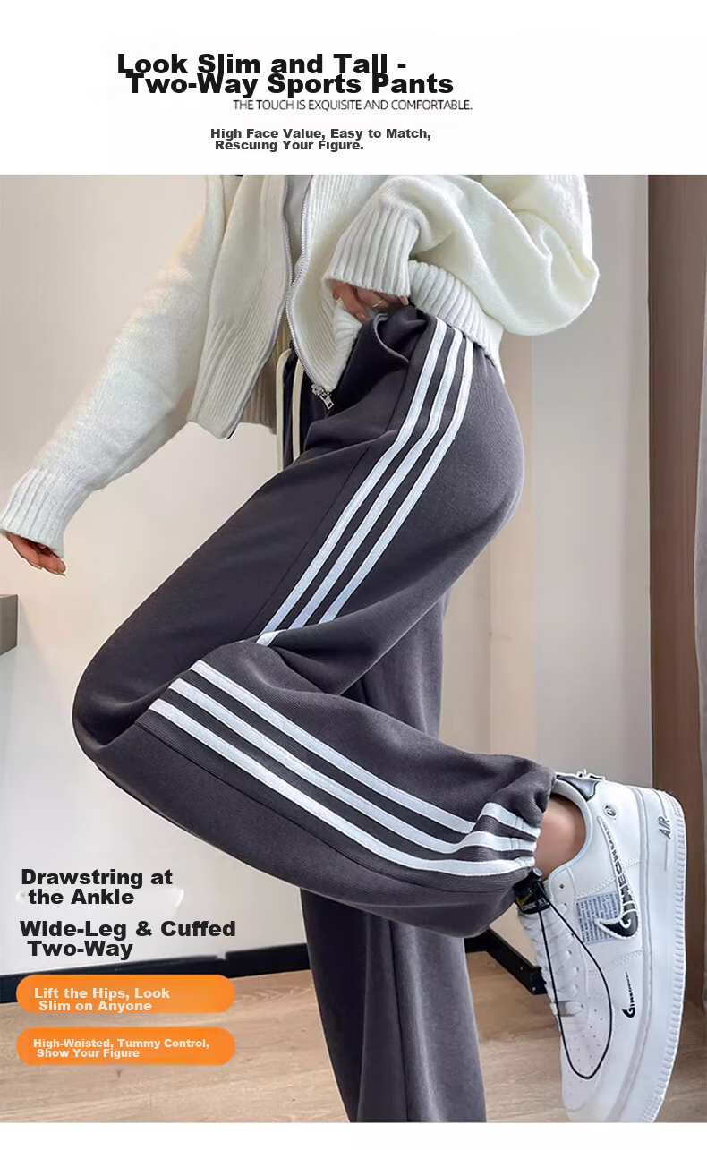 LangSha Women's Leggings with Two-Way Wear, Straight-Leg Three-Stripe Cotton Pants, Autumn Outer Wear, Sports Pants with Elastic Cuffs, Loose High-Waist Drawstring Sweatpants 2
