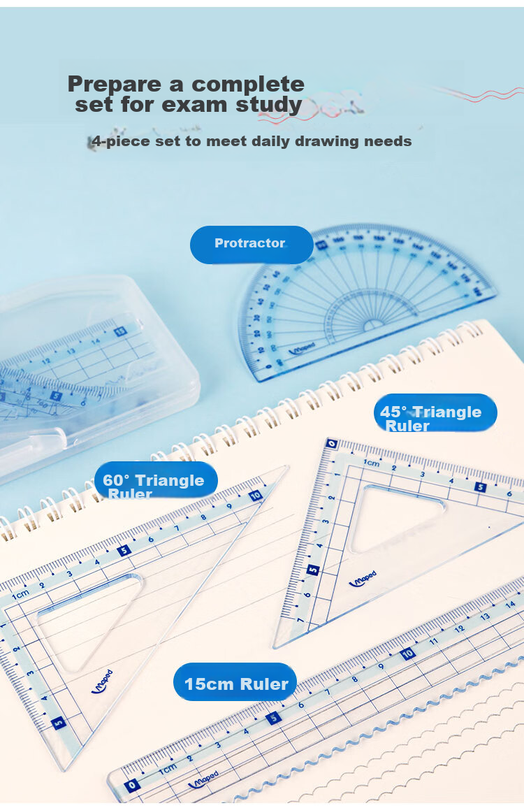 Maped Colorful Multifunctional Ruler Set, 15cm Wave Straight Ruler, 45° Triangle Ruler, 60° Triangle Ruler, 180° Protractor, Study And Exam Ruler Set, Blue, Elementary School Supplies for Back to School 4