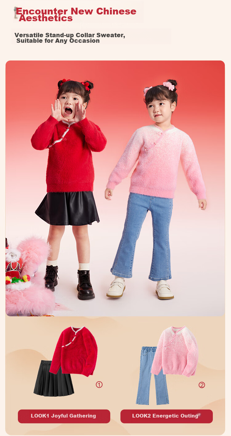 BALABALA Girls' New Chinese-Style Sweater, Children's Knitwear, Spring 2025 Red Sweater Top, 208125103004 5