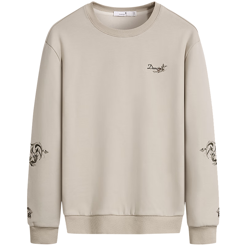 DANCING WOLVES [Fleece-Lined & Heavy Embroidery] Autumn And Winter National Trend Embroidered Crewneck Warm Men's Sweatshirt, 706 Light Khaki, Size 180