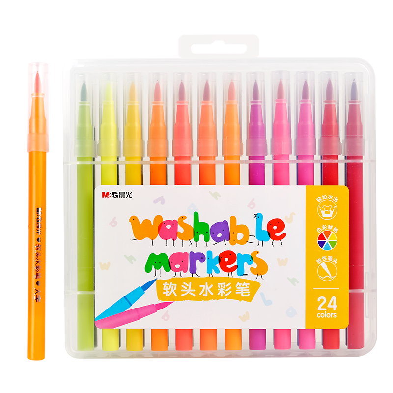 M&G Stationery, 24-Color Soft-Tip Watercolor Pens, Easy-Grip Round Barrel, Outlining Brushes, Children's Safe Painting And Doodling, Birthday Gift, ACP901V9