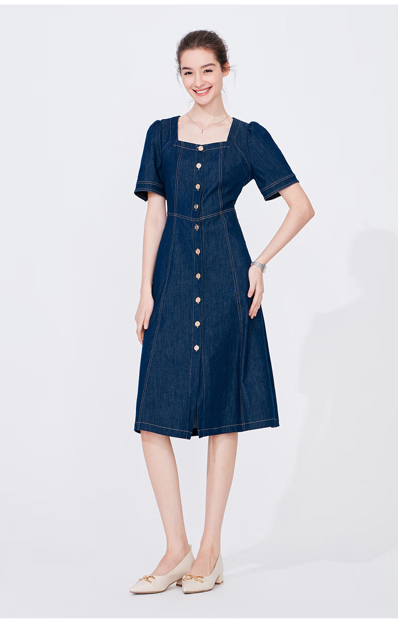 Navigare Women's Vintage Square Neck Denim Skirt, Waist-Cinching Slim-Fit Short-Sleeve Dress 2322874526 5