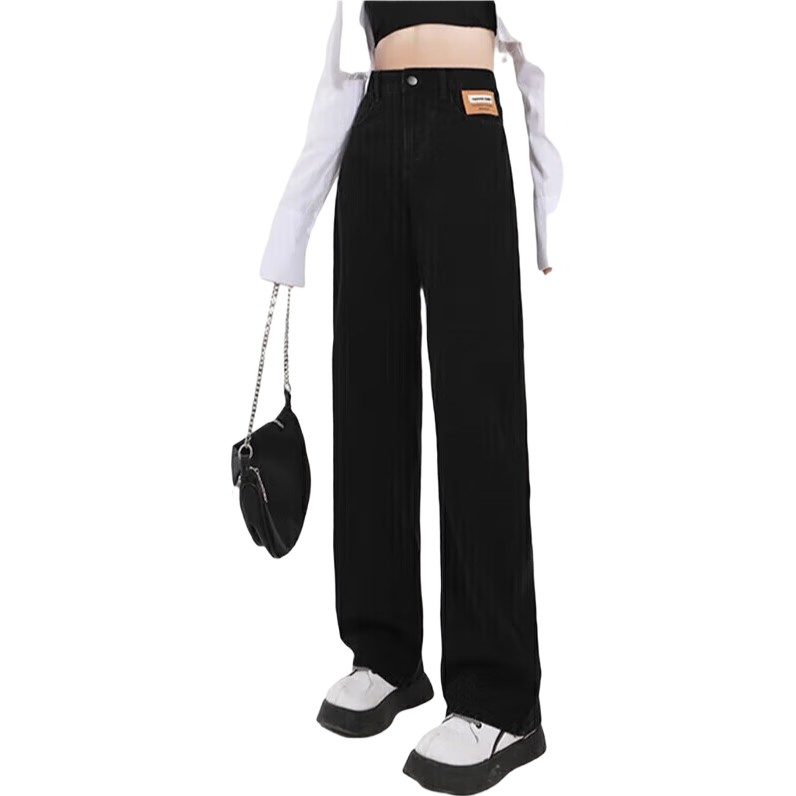 Jeanswest High-Waisted Straight-Leg Jeans for Women, Loose-Fitting Wide-Leg Floor-Length Pants in Black, Summer 2026 Style, Size S