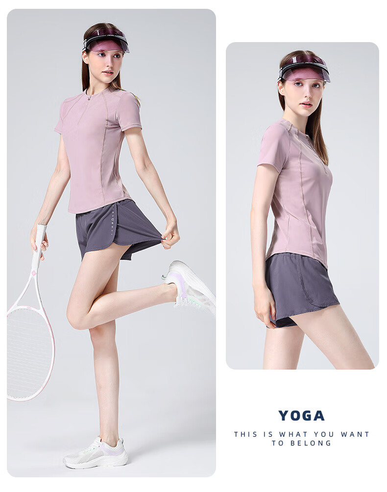 CAMEL Women's Sports Set, Summer New Style Running Yoga Fitness Short-Sleeve Shorts with Lining, Casual Elastic Sportswear 20