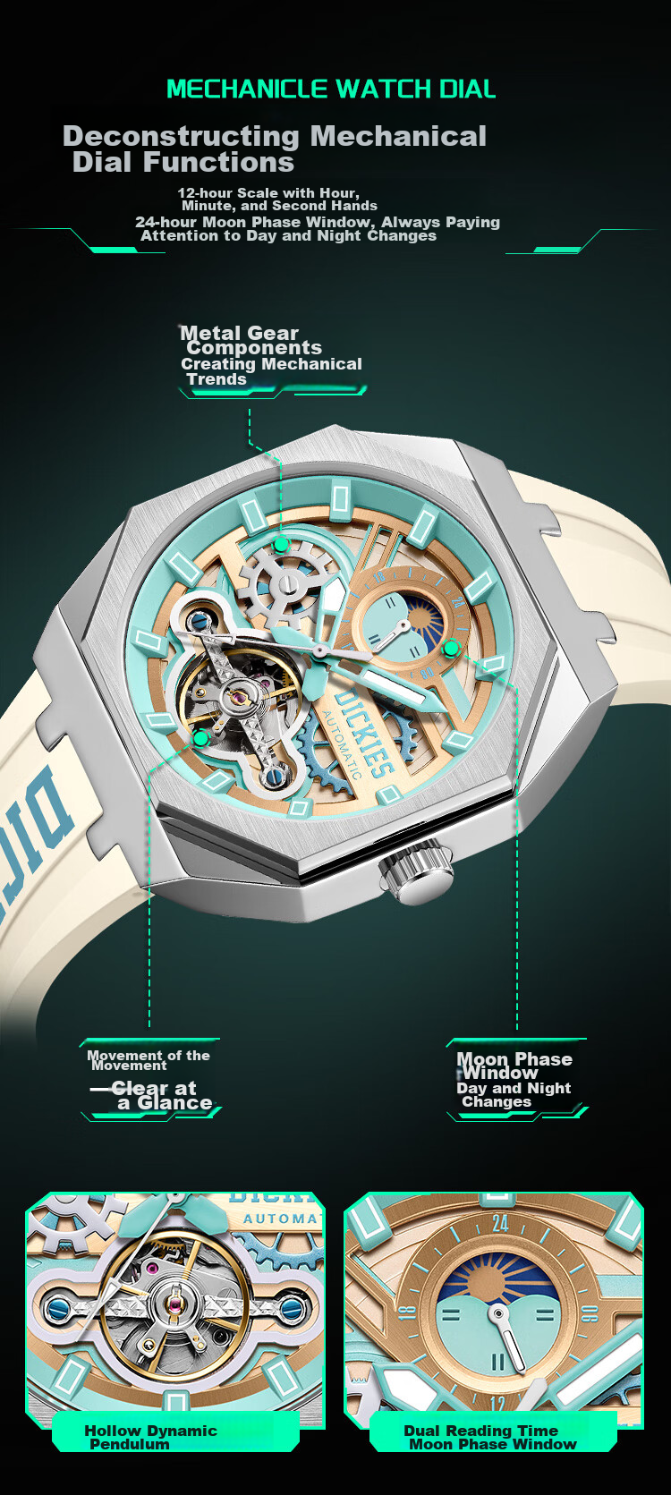 Dickies Mechanical Watch, Student Men's Fully Automatic Skeleton Luminous Watch, Mechanical Gift for Boyfriend, Valentine's Day Present, CL-485 3