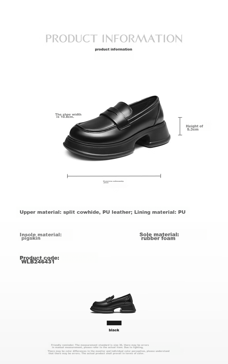 RED DRAGONFLY Slip-On Loafers, Spring And Autumn Thick-Soled Heightening Women's Flats, Academic Style JK Women's Shoes, WLB24643, Black, Size 39 9