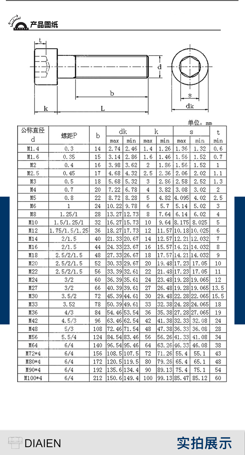 迪爱恩(diaien)gb/t 70.1 内六角圆柱头螺钉-8.