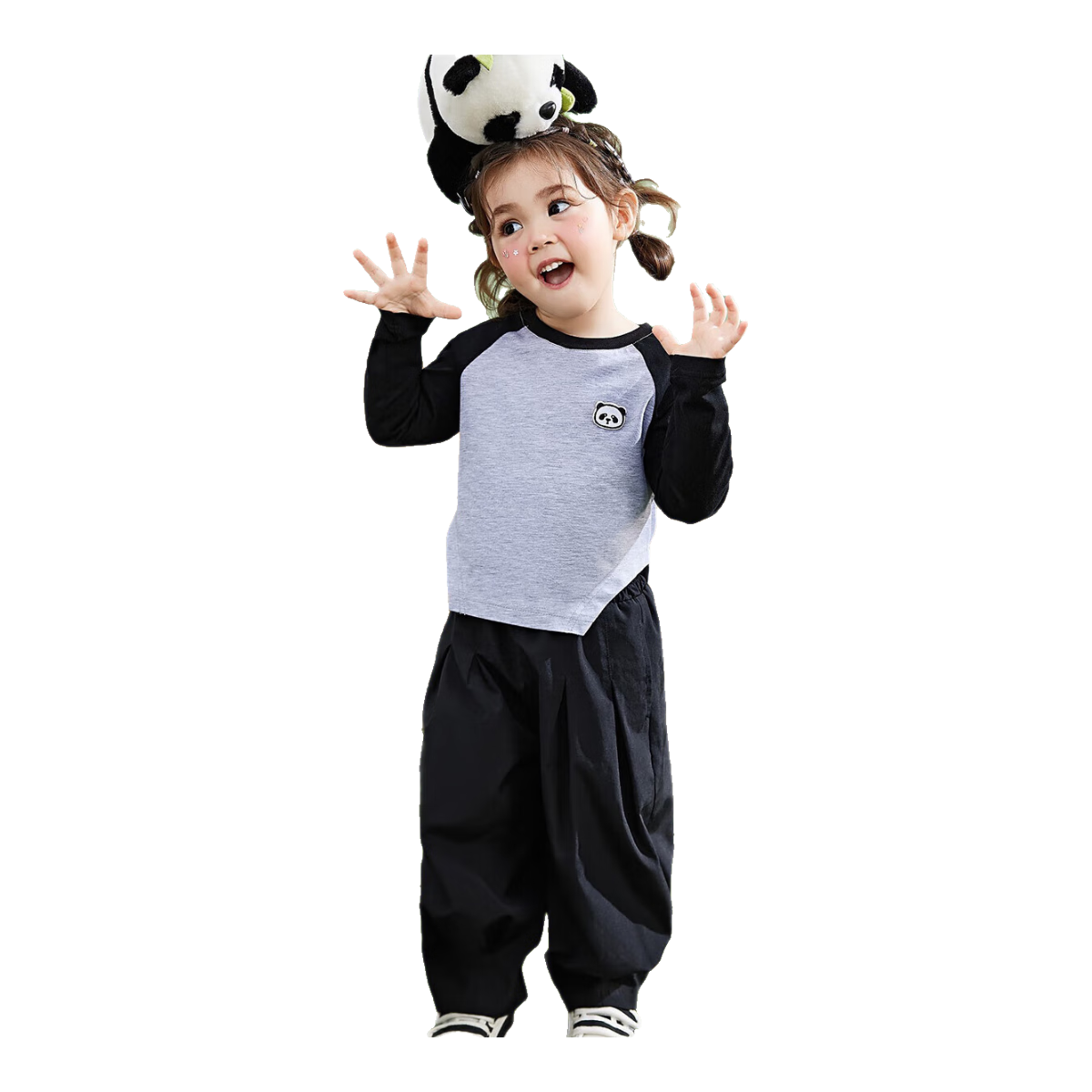 ASK JUNIOR Girls' Outfit, 2026 Autumn Collection, Toddler Color-Block Cartoon T-Shirt And Sports Pants Two-Piece Set, Black, Size 130