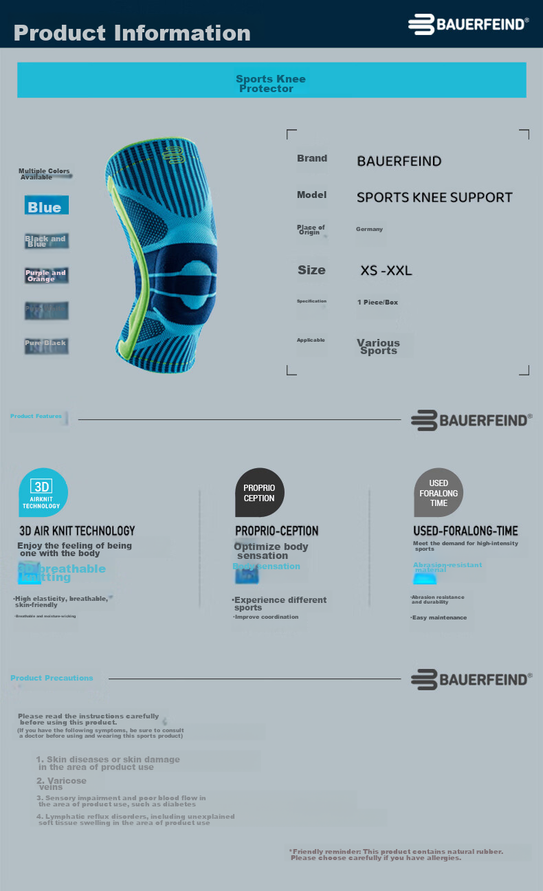 BAUERFEIND Sports Knee Brace, Summer Basketball Running Meniscus Knee Support Pad, Blue XXL Single Piece 2