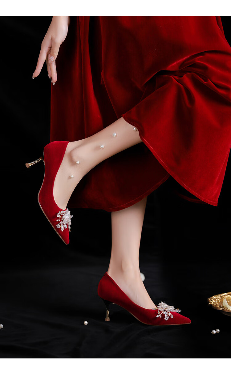 Josiny Red Wedding Shoes for Women, Spring 2026 New Season High Heels, Bridal Engagement Shoes, French Style Pumps, Xiuhe Wedding Dress Red, Size 36 9