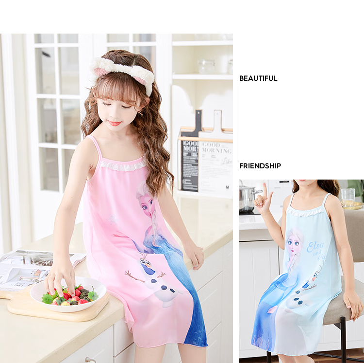 Dishini Elsa Princess Nightgown, Summer Thin Style, Girls' Spaghetti Strap Dress, Frozen-Themed Children's Sleepwear, Sleeveless Nightdress for Older Girls 4