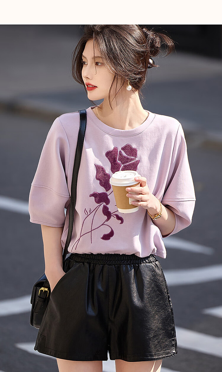 Dme Floral Embroidered Spring And Autumn Round Neck Air Layer Three-Quarter Sleeve Elastic Loose Sweatshirt Women's Top, Cyan Green, L 22