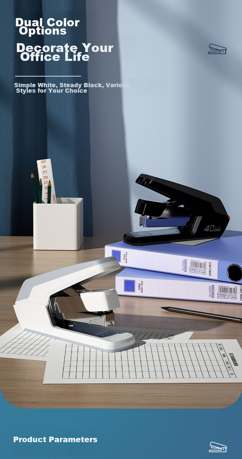 Deli Low-Force Stapler Medium Size Office Supplies Student-Specific Stationery Essential for Office Desktop, Compatible with 24/6 Staples, White 0371 5