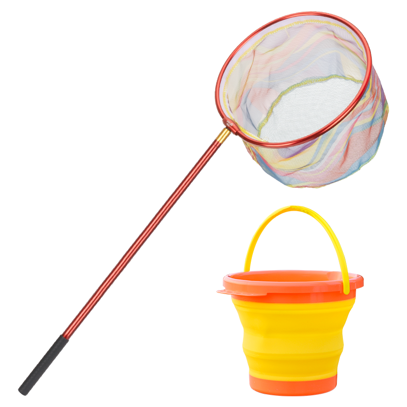 Grsaed Children's Fishing Net Set with Telescopic Handle, Fish Catching Net, Small Fish And Shrimp Net, Insect Catcher, Fishing Bucket Toy Kit - Red
