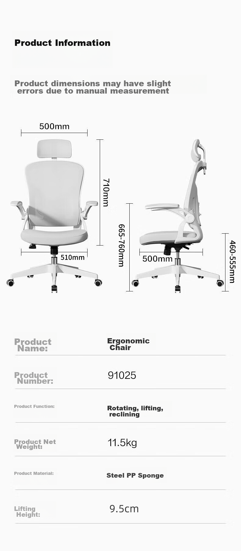Deli KF269 Ergonomic Chair with Folding Armrests, Adjustable Lumbar Support, Black 7