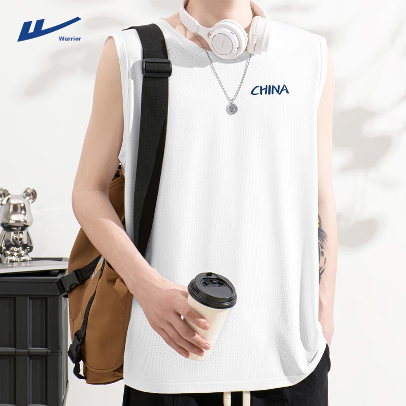 Warrior Men's Tank Top, Summer Outdoor Sports Wide-Shoulder Vest, Loose-Fitting Sleeveless Thin Vest for Chubby People, White, M