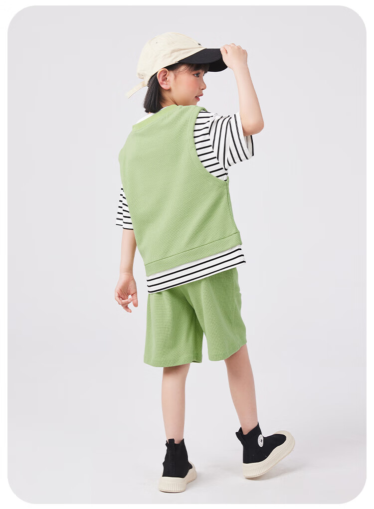 QQ DUCK Girls' Summer Outfit Set, Children's Sports Short-Sleeve Shorts, Youth Clothing, Waffle Texture, Green; Size 120 14