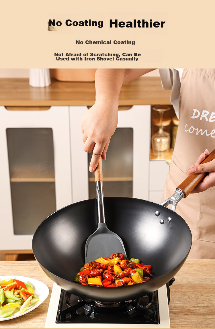 Jincun Wok Iron Pan Lightweight Stir-Fry Pan Non-Coated Rust-Resistant Round Bottom Pure Iron Non-Stick for Gas Stove 34cm 3