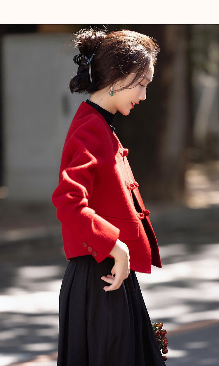 DME Spring New Year Chinese Style New Mid-Length Double-Sided Wool Felt Sheep Wool Frog Button Coat Women Outerwear Dark Red L 7