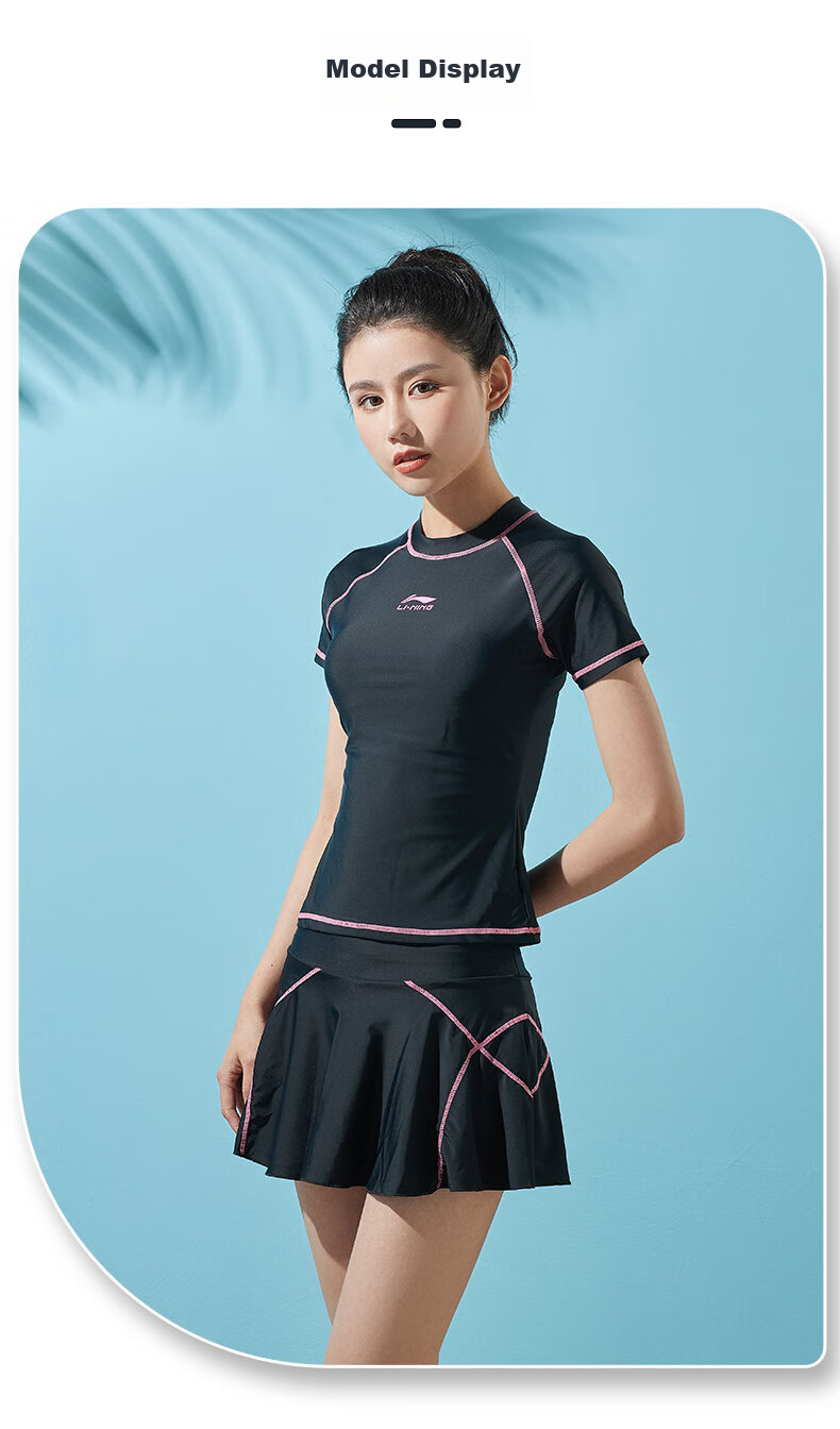 Li-Ning Women's Swimsuit, Fashionable Two-Piece Conservative Design, Tummy Control, Slimming, Sexy, Push-Up for Small Chest, Hot Spring Swimwear 507, Black XL 10