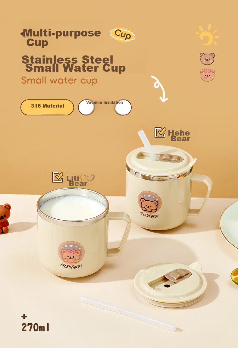 WORTHBUY 316 Stainless Steel Children's Milk Cup, Baby Drinking Cup, Double-Layer Anti-Scalding with Scale And Straw Cup, Bear Desig 1