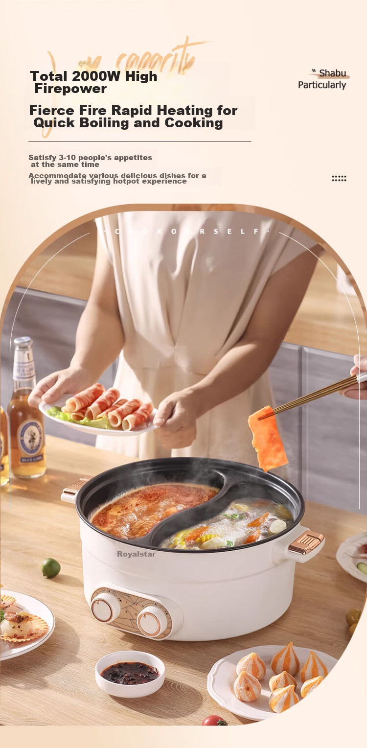 Royalstar Dual-Sided Electric Hot Pot And Wok, Multi-Functional Home Cooking Appliance, All-In Grill, Stir-Fry And Boil Function, 6L Large Capacity Non-Stick Electric Cooker RHG-136B(Y) 8