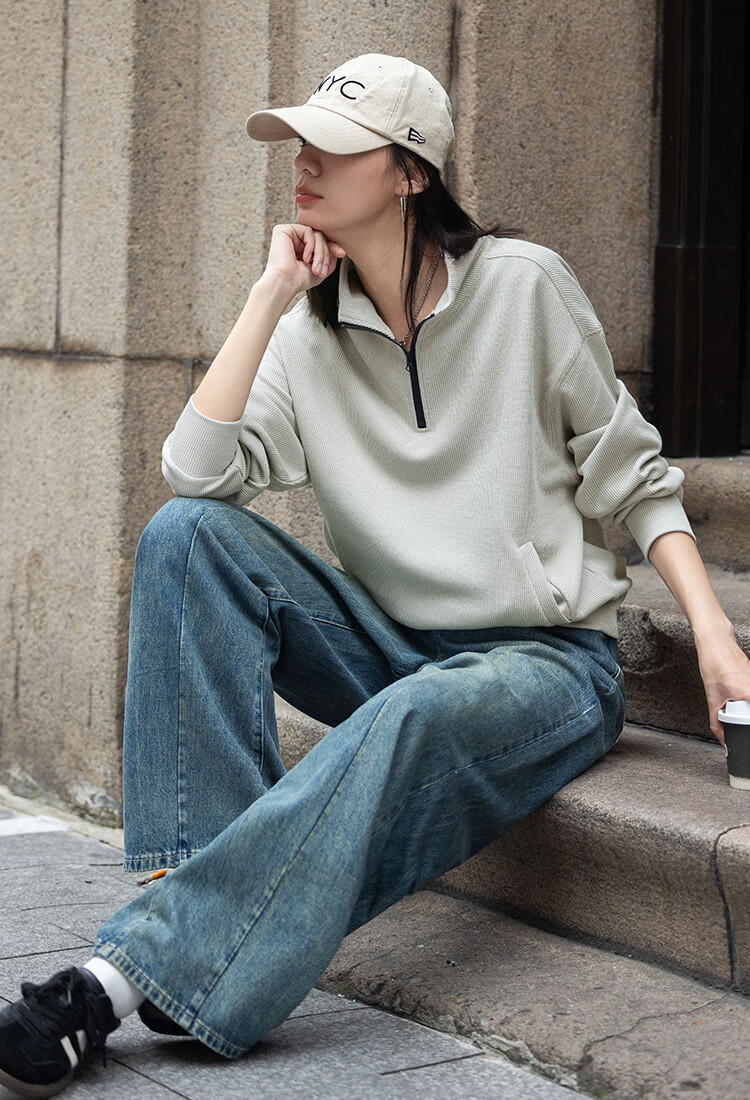 Dme [Relaxed Fit Pullover Sweatshirt] Autumn Light Bean Green Stylish Stand Collar Zipper Half Placket Simple Sweatshirt 6