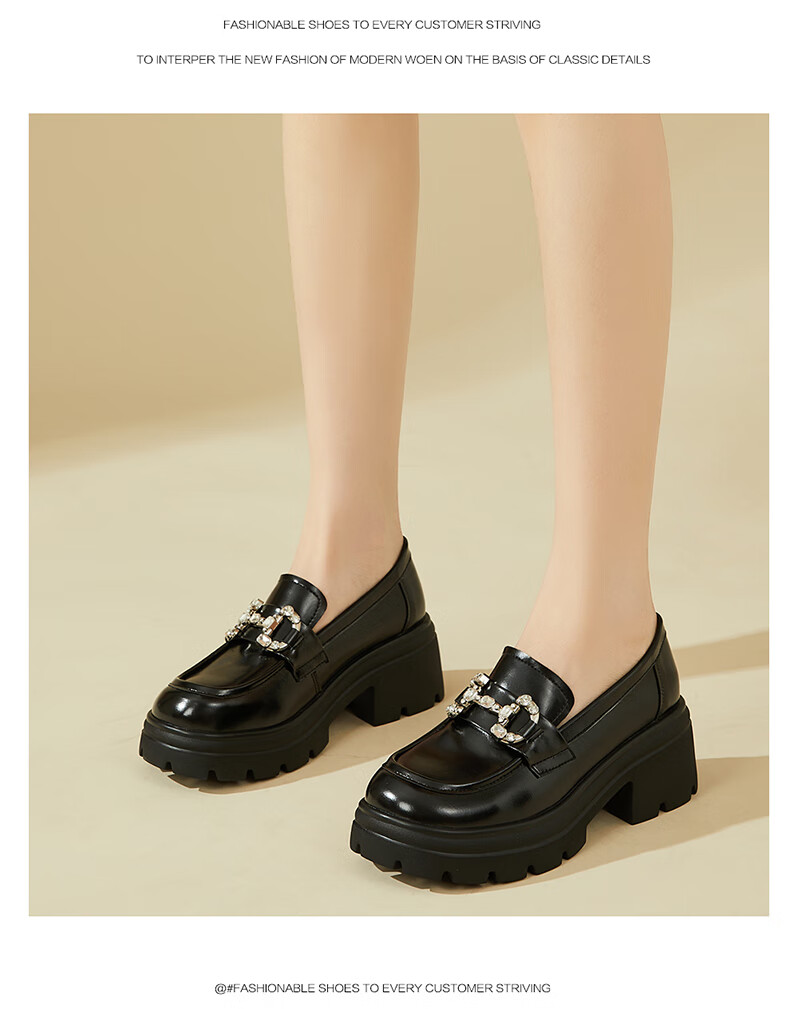 DAPHNE Women's Single Shoes with Chunky Heels, Rhinestone Loafers, British Style Slip-On Platform Fashion Shoes 4623404104 Black Size 37 8