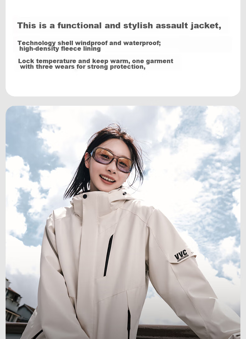 VVC Functional Windproof And Waterproof Jacket for Men And Women with Detachable Fleece Inner Layer, Warm Outdoor Coat, Cloud White, Size S 3