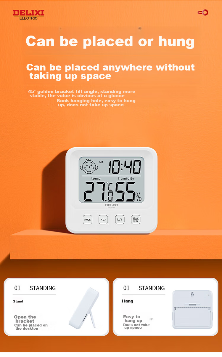 DELIXI ELECTRIC Temperature And Humidity Meter, Baby Room Thermometer, Wall-Mounted And Stand-Up Dual-Use Electronic High-Precision Wall-Mounted Indoor Home Alarm Clock 7